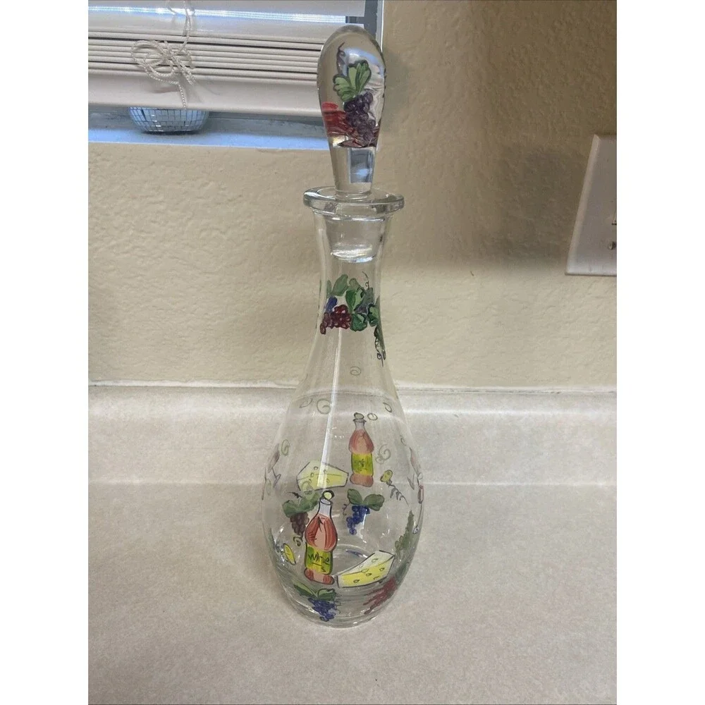 Vintage Hand Painted Wine Decanter Glass Stopper Lid Grapes Wine Cheese